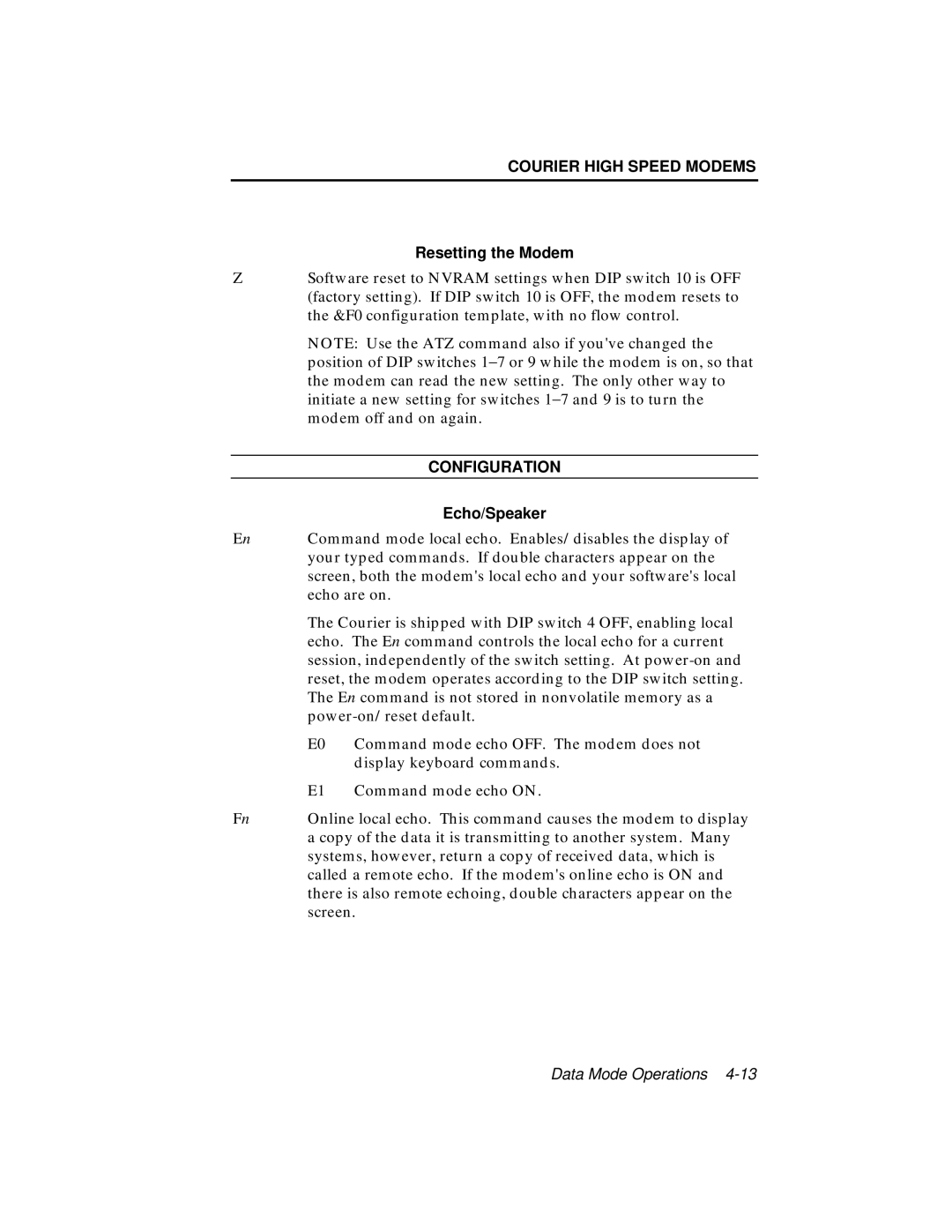 USRobotics V.34 user manual Resetting the Modem, Configuration, Echo/Speaker 