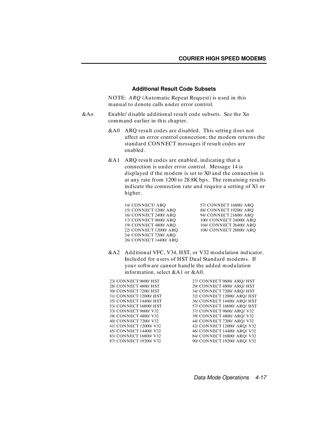 USRobotics V.34 user manual Additional Result Code Subsets, Information, select &A1 or &A0 