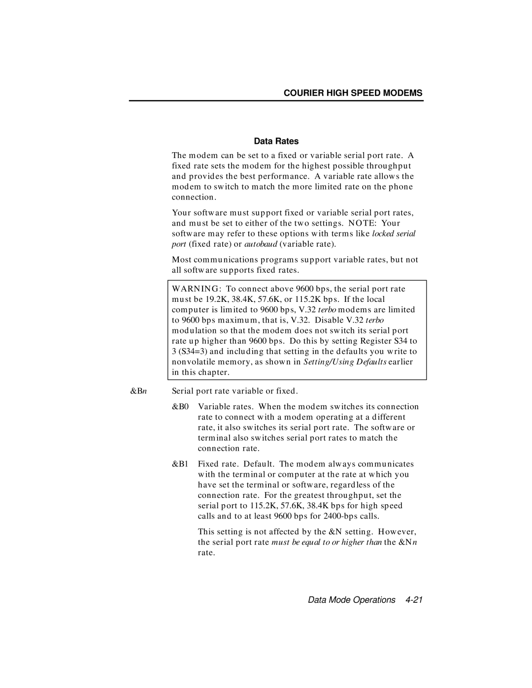 USRobotics V.34 user manual Data Rates 