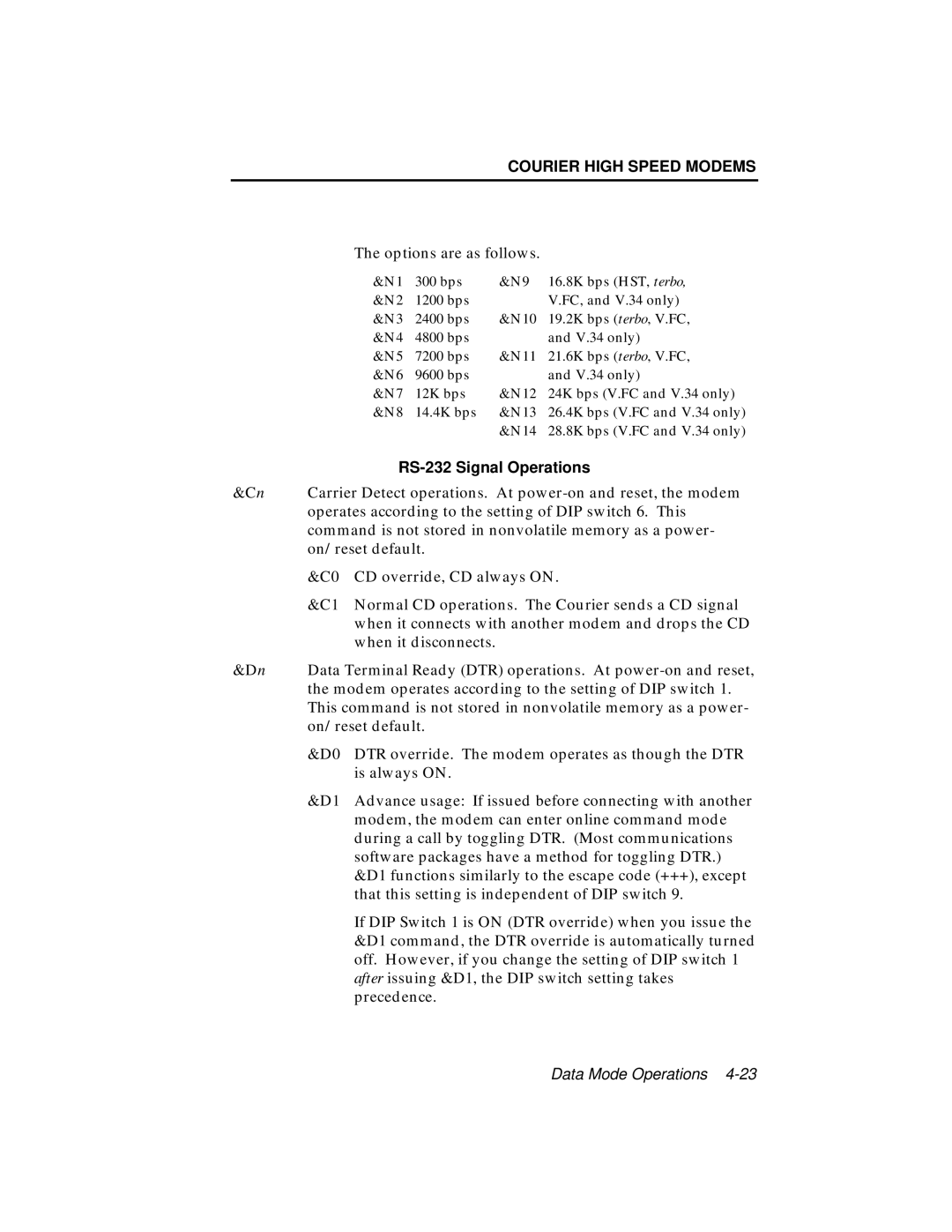 USRobotics V.34 user manual Options are as follows, RS-232 Signal Operations 