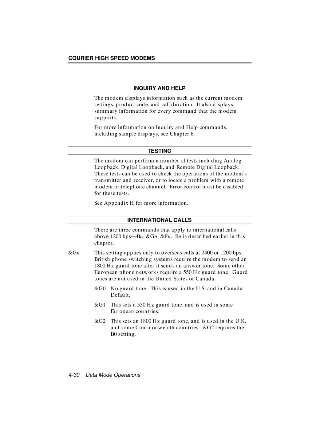 USRobotics V.34 user manual Courier High Speed Modems Inquiry and Help, Testing, International Calls 