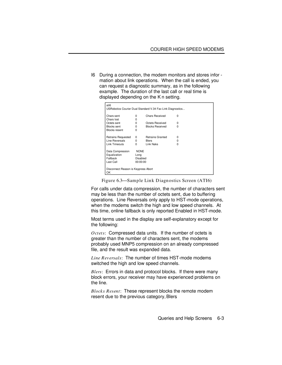 USRobotics V.34 user manual ⎯Sample Link Diagnostics Screen ATI6 