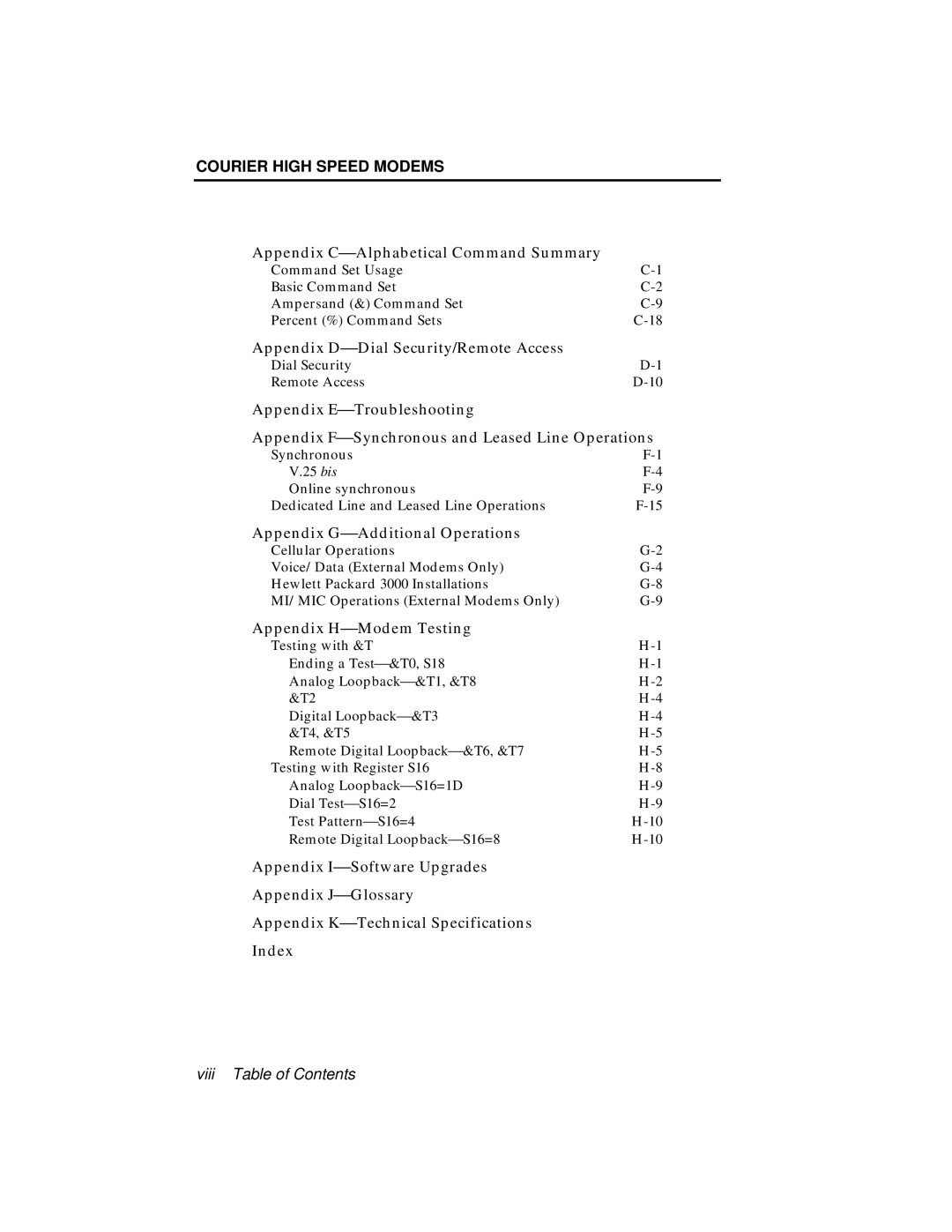 USRobotics V.34 Appendix C⎯Alphabetical Command Summary, Appendix D⎯Dial Security/Remote Access, Appendix H⎯Modem Testing 