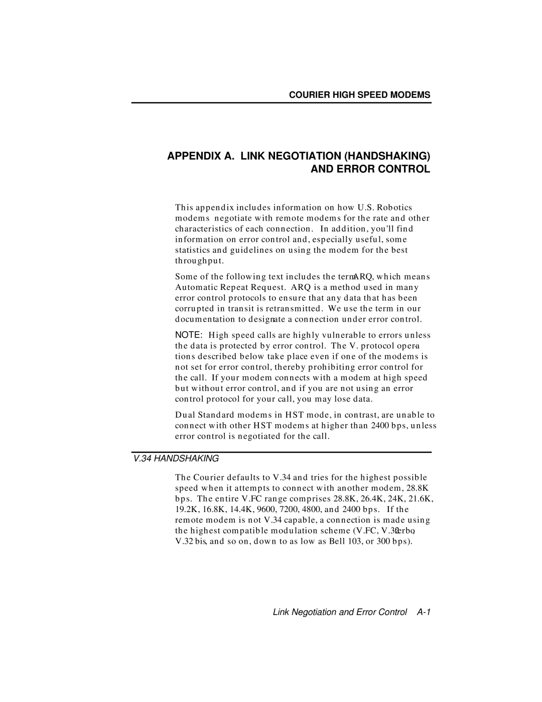 USRobotics V.34 user manual Appendix A. Link Negotiation Handshaking and Error Control 