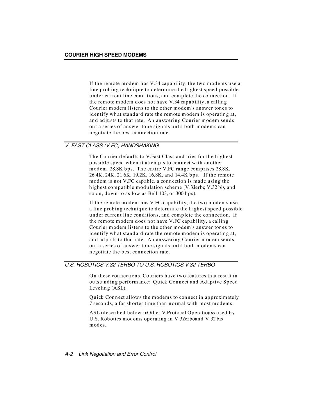 USRobotics V.34 user manual Fast Class V.FC Handshaking 