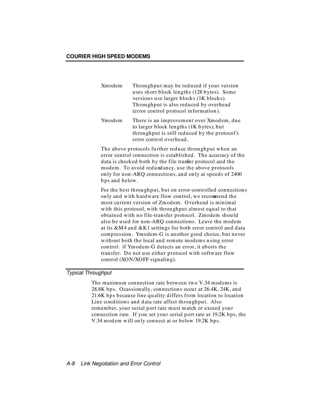 USRobotics V.34 user manual Typical Throughput 