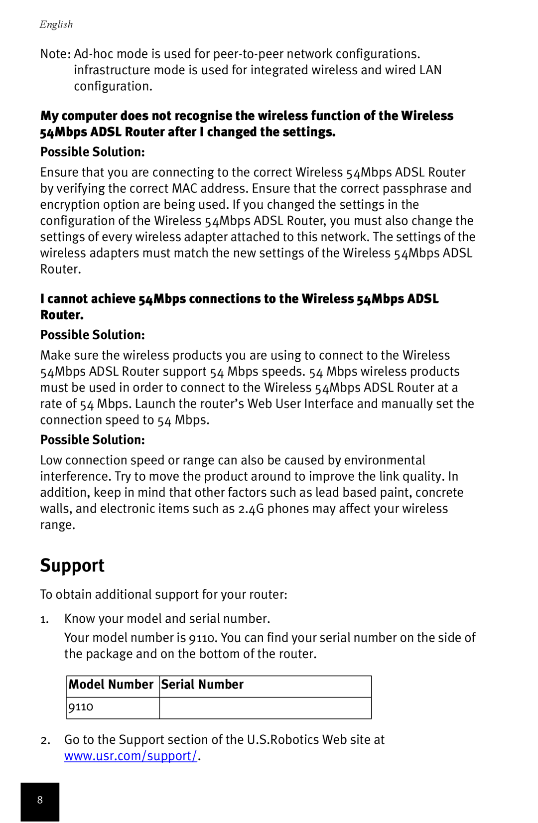 USRobotics Wireless 54Mbps ADSL Router manual Support, Model Number Serial Number 