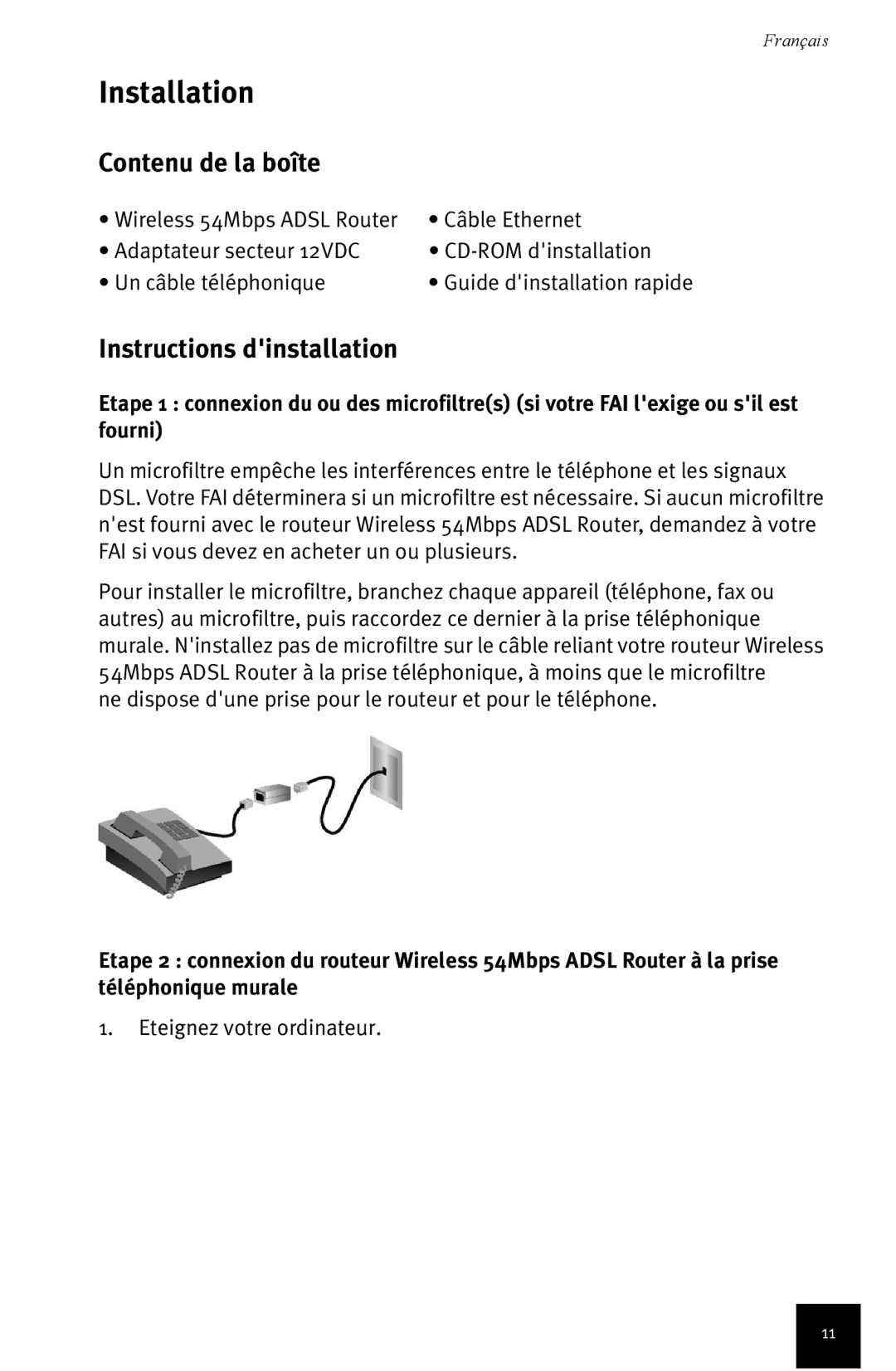 USRobotics Wireless 54Mbps ADSL Router manual Contenu de la boîte 