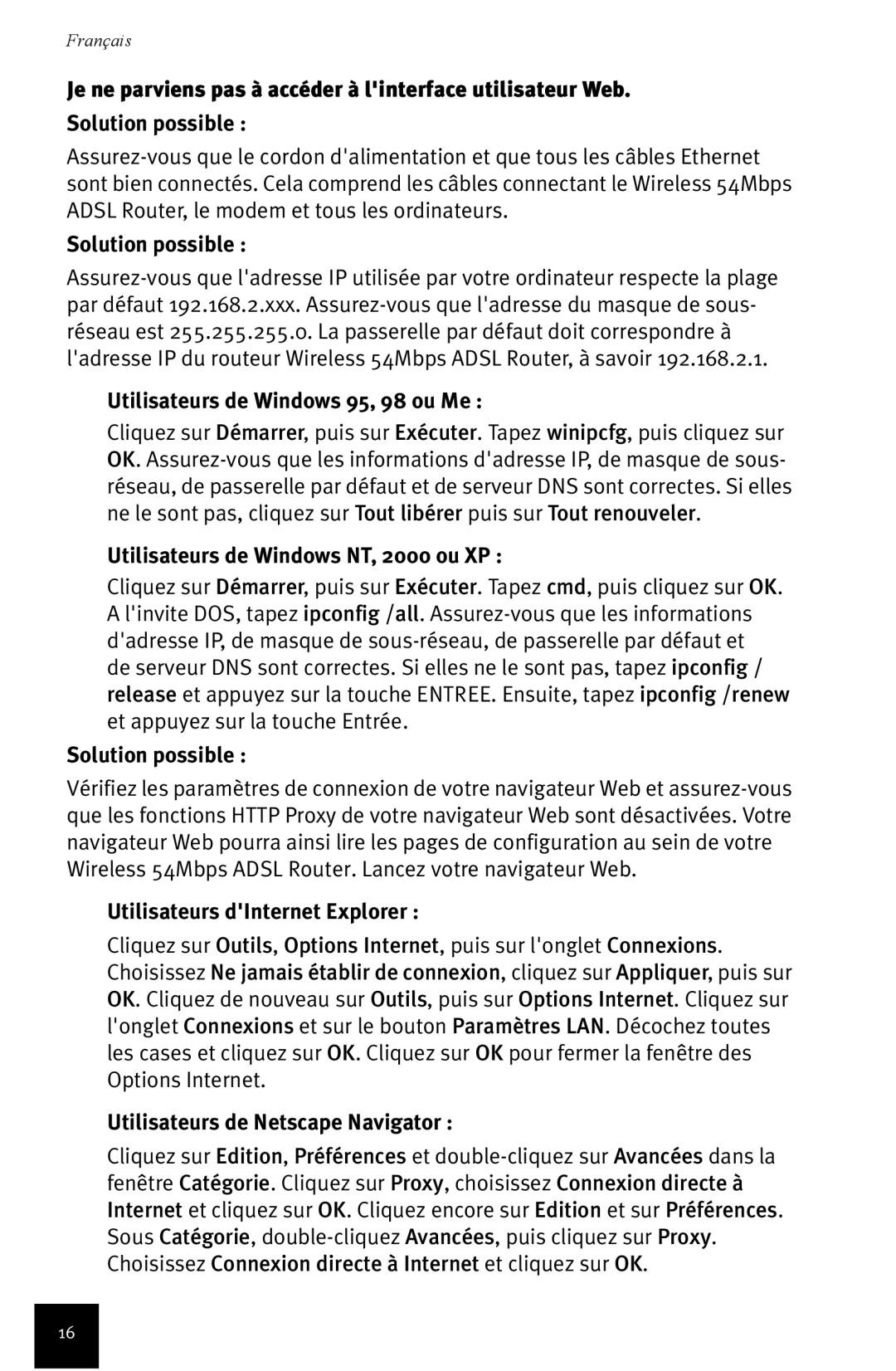 USRobotics Wireless 54Mbps ADSL Router manual Utilisateurs de Windows 95, 98 ou Me, Utilisateurs de Windows NT, 2000 ou XP 