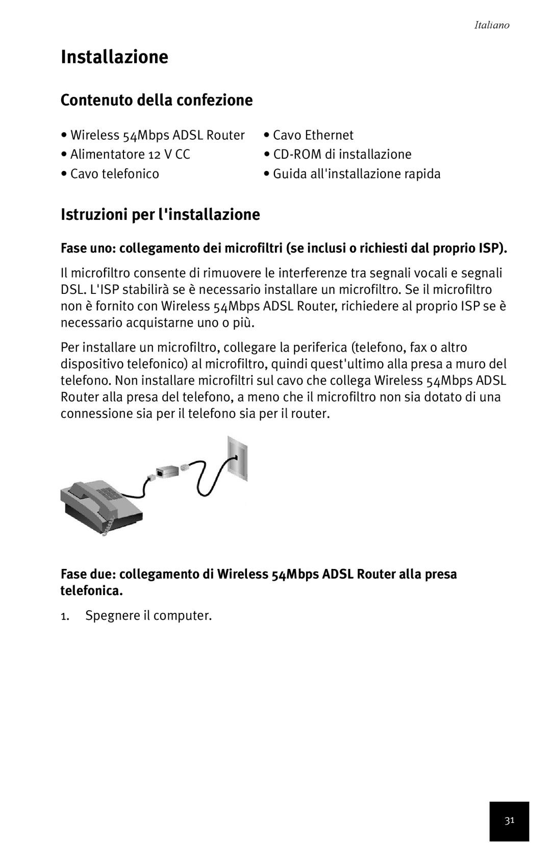 USRobotics Wireless 54Mbps ADSL Router manual Installazione, Contenuto della confezione 