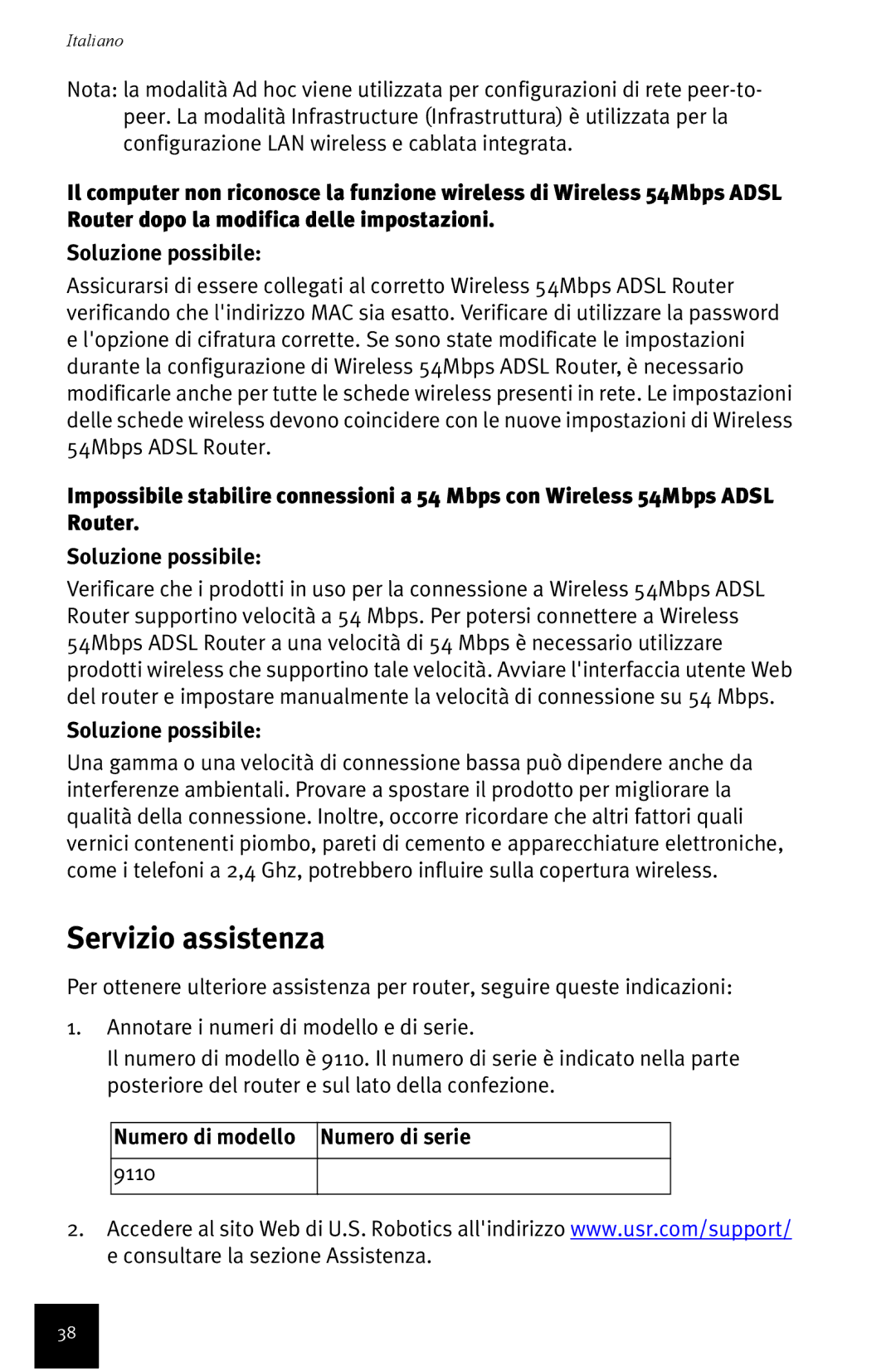 USRobotics Wireless 54Mbps ADSL Router manual Servizio assistenza, Numero di modello Numero di serie 