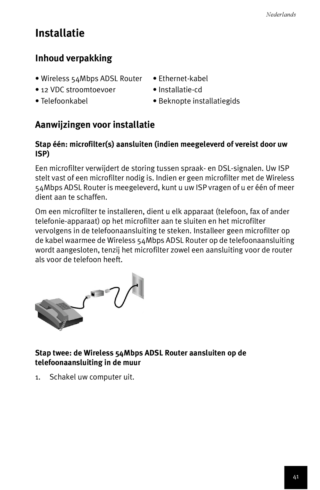 USRobotics Wireless 54Mbps ADSL Router manual Installatie, Inhoud verpakking 