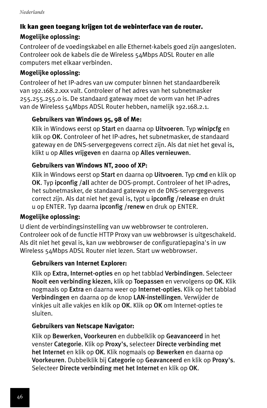 USRobotics Wireless 54Mbps ADSL Router manual Gebruikers van Windows 95, 98 of Me, Gebruikers van Windows NT, 2000 of XP 