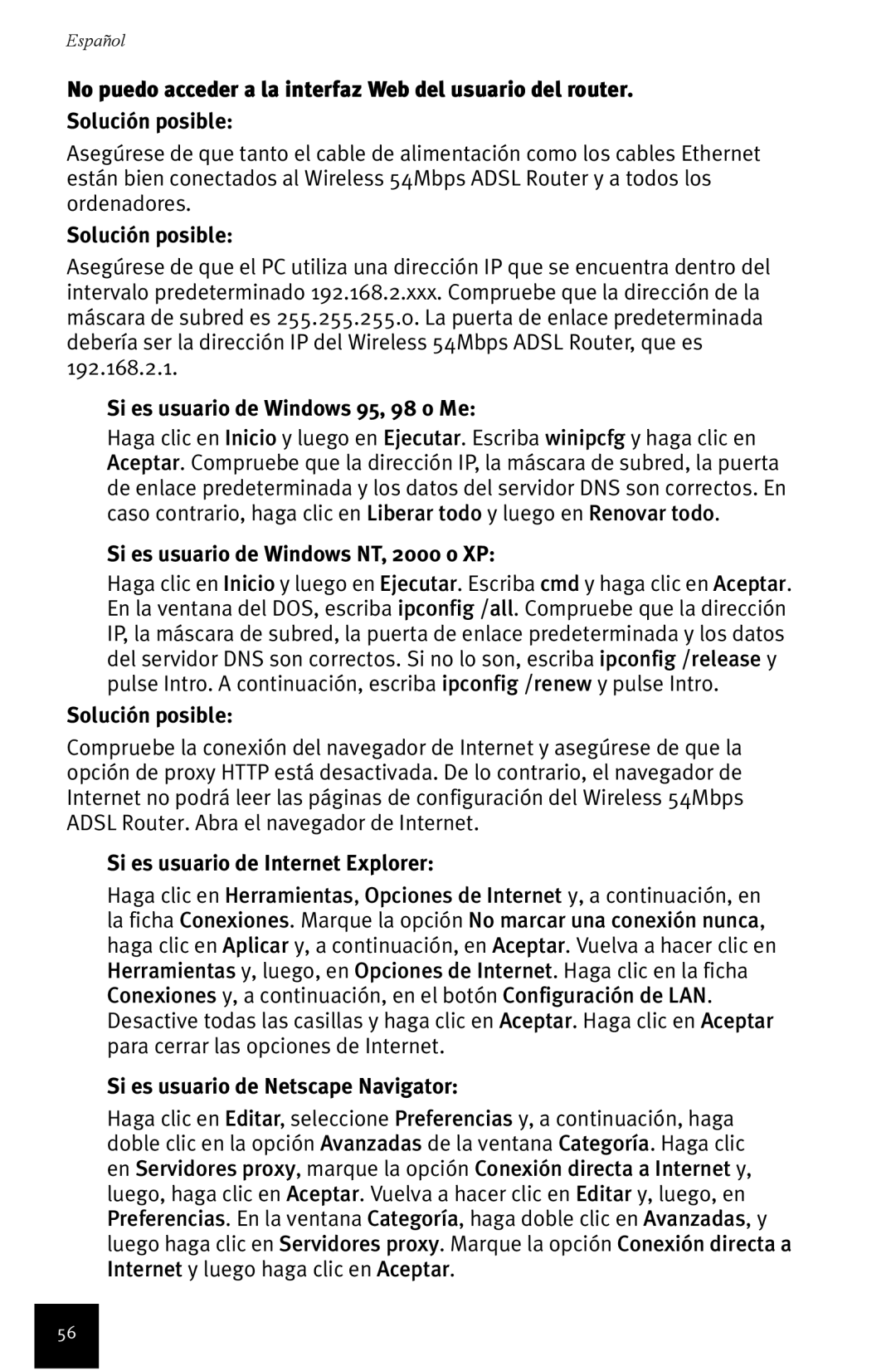 USRobotics Wireless 54Mbps ADSL Router manual Si es usuario de Windows 95, 98 o Me, Si es usuario de Windows NT, 2000 o XP 