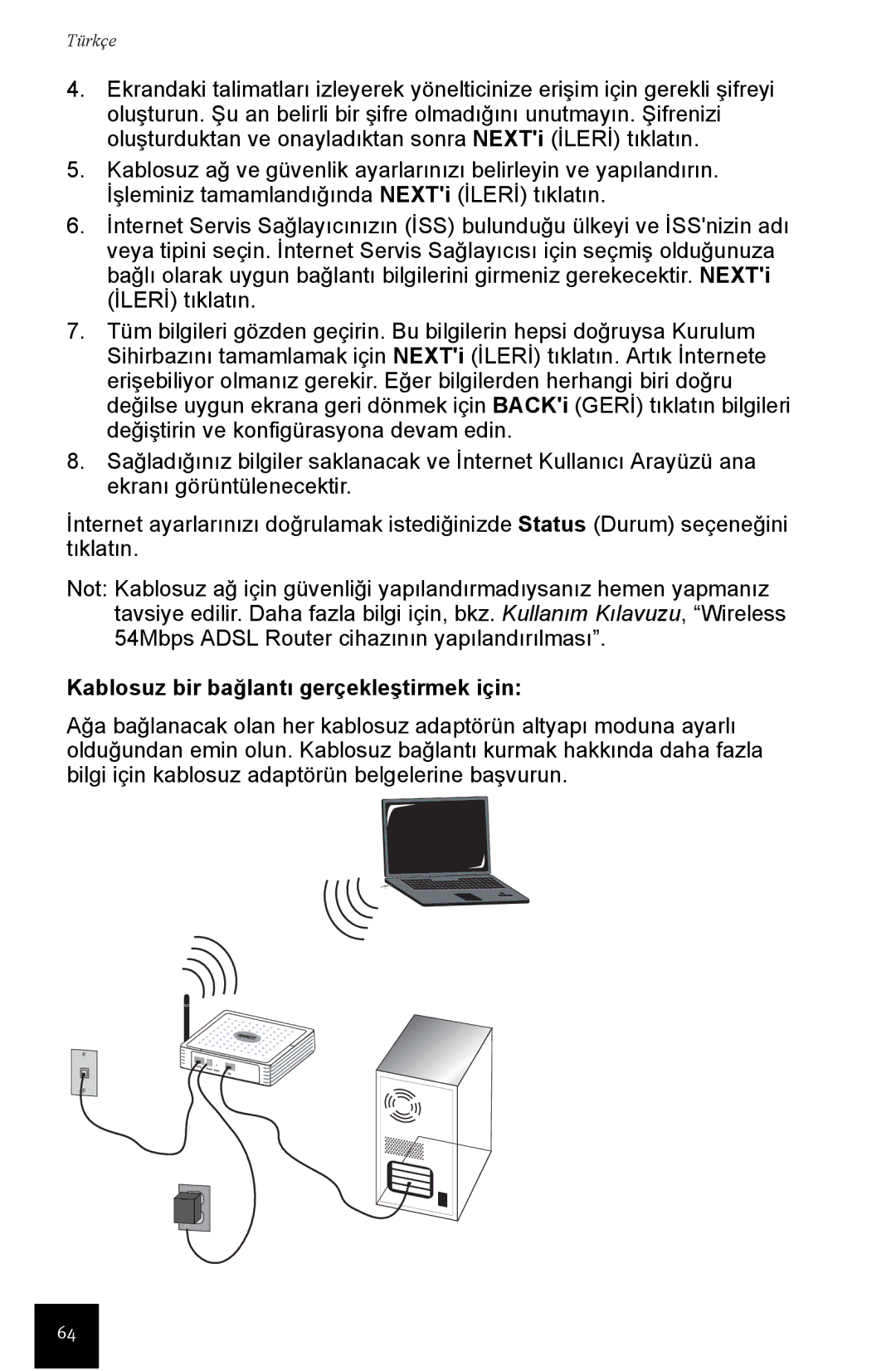 USRobotics Wireless 54Mbps ADSL Router manual Kablosuz bir bağlantõ gerçekleştirmek için 