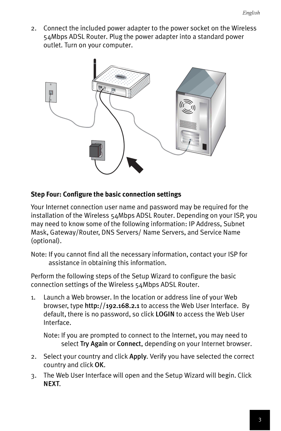 USRobotics Wireless 54Mbps ADSL Router manual Step Four Configure the basic connection settings 