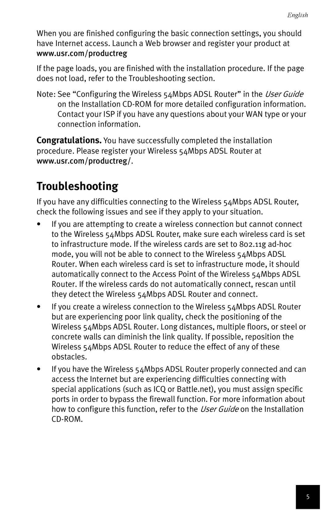 USRobotics Wireless 54Mbps ADSL Router manual Troubleshooting 