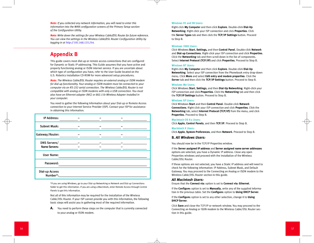 USRobotics Wireless Cable/DSL Router manual IP Address Subnet Mask Gateway/Router DNS Servers 