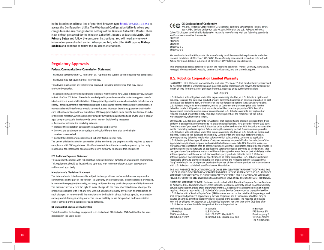 USRobotics Wireless Cable/DSL Router manual Regulatory Approvals 