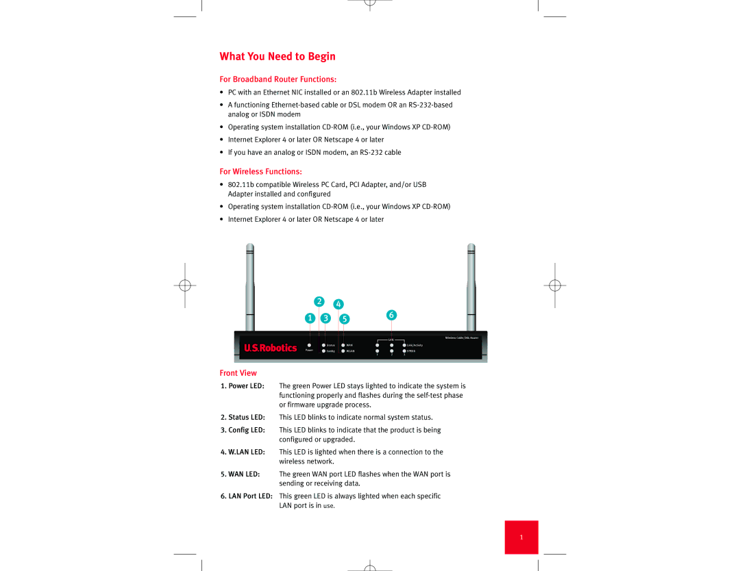 USRobotics Wireless Cable/DSL Router manual What You Need to Begin, For Broadband Router Functions 