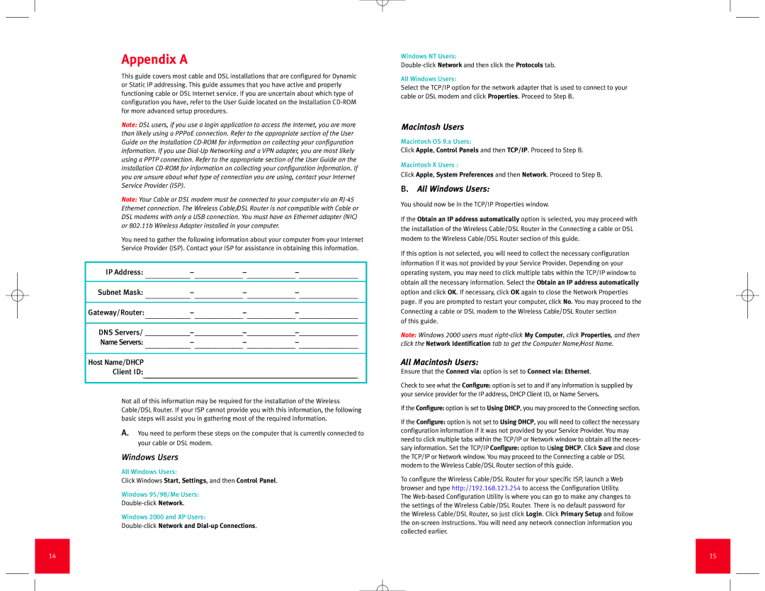 USRobotics Wireless Cable/DSL Router manual Appendix a, Host Name/DHCP Client ID 