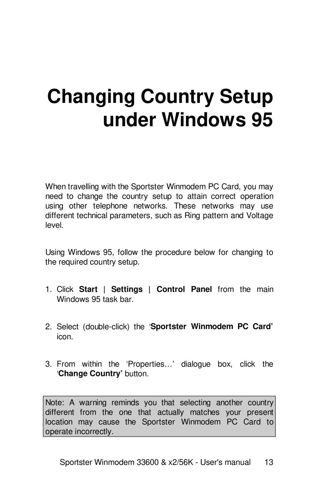 USRobotics 33600, x2/56K user manual Changing Country Setup under Windows 