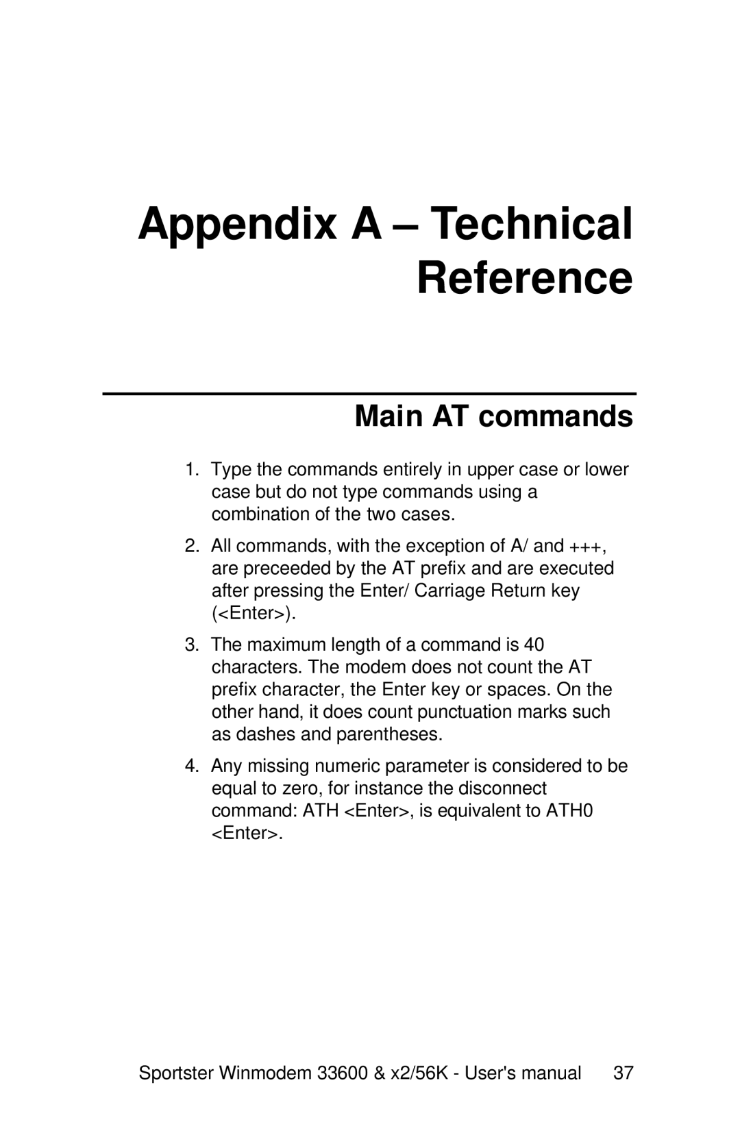 USRobotics 33600, x2/56K user manual Appendix a Technical Reference, Main AT commands 