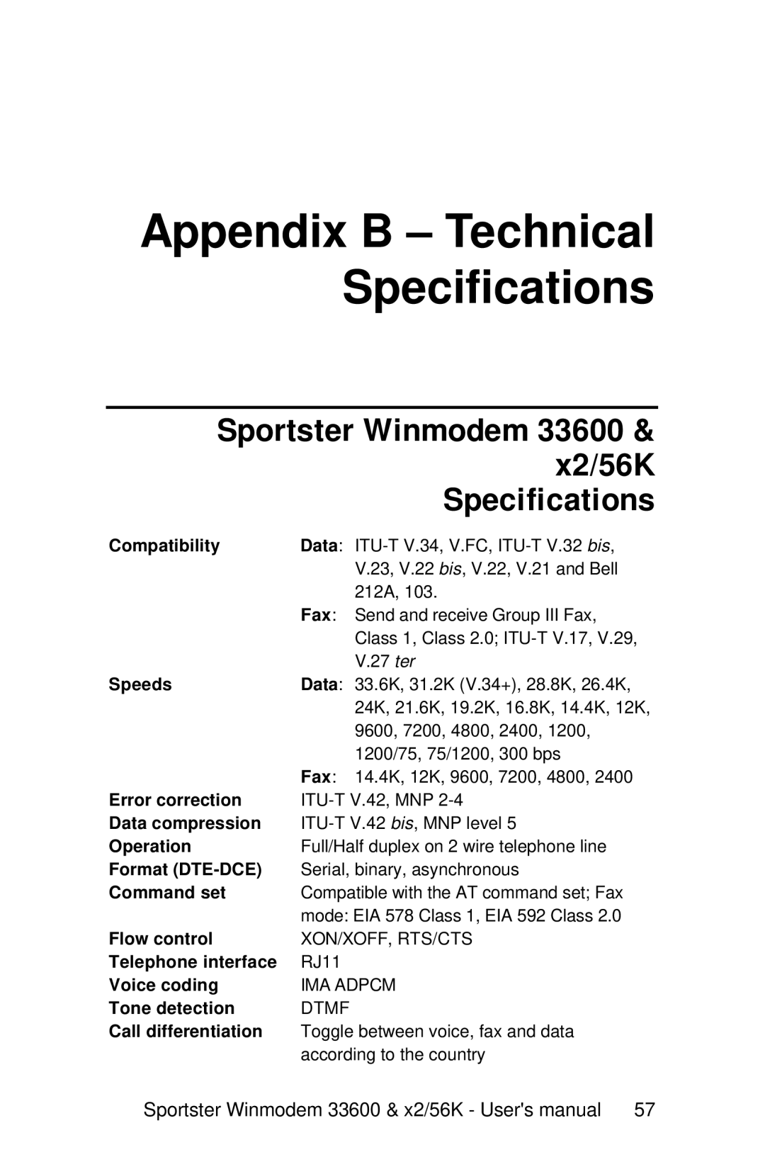 USRobotics 33600, x2/56K user manual Sportster Winmodem X2/56K Specifications 