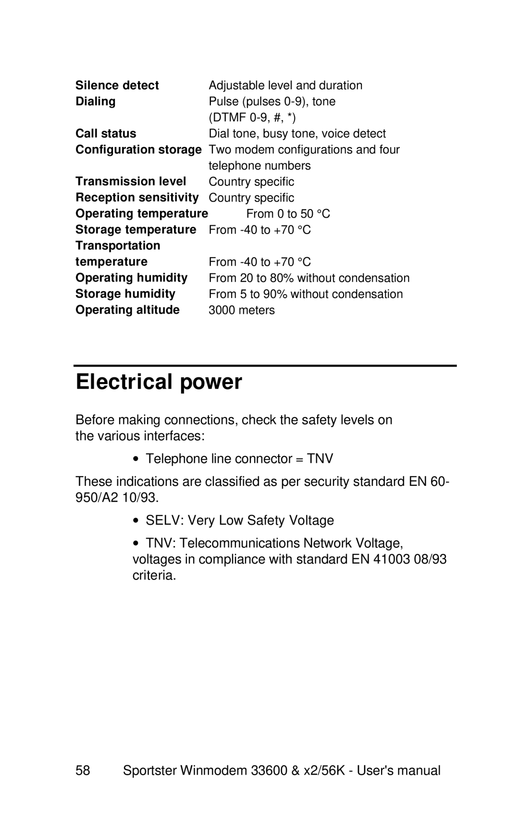 USRobotics x2/56K, 33600 user manual Electrical power 