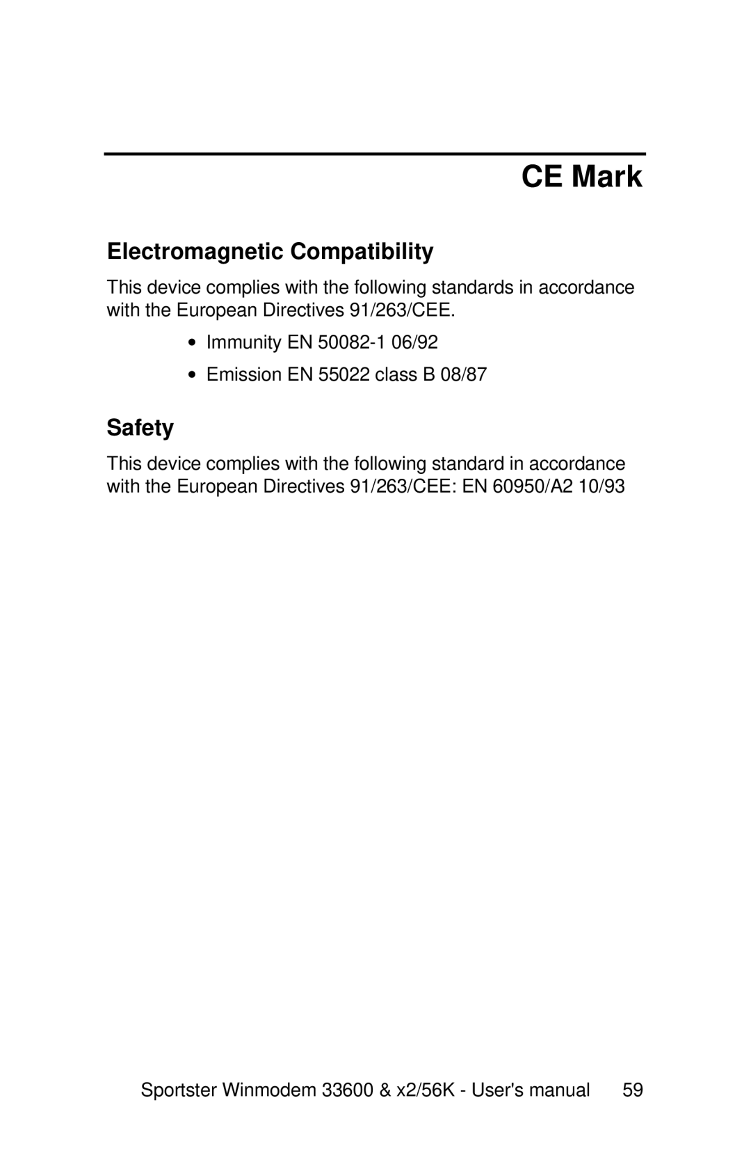 USRobotics 33600, x2/56K user manual CE Mark, Electromagnetic Compatibility, Safety 