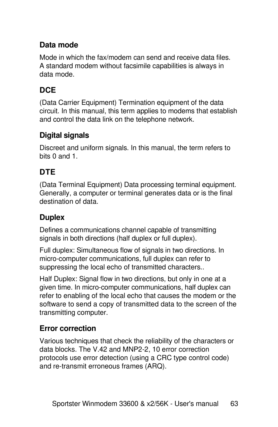 USRobotics 33600, x2/56K user manual Data mode, Digital signals, Duplex, Error correction 