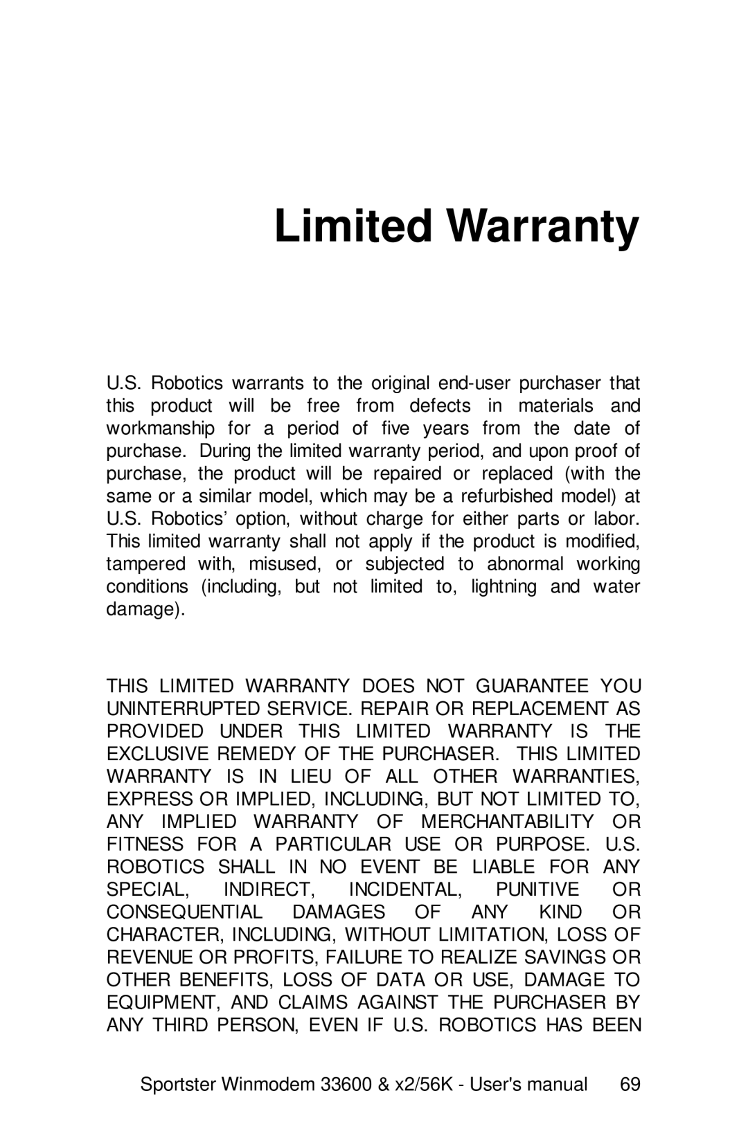 USRobotics 33600, x2/56K user manual Limited Warranty 