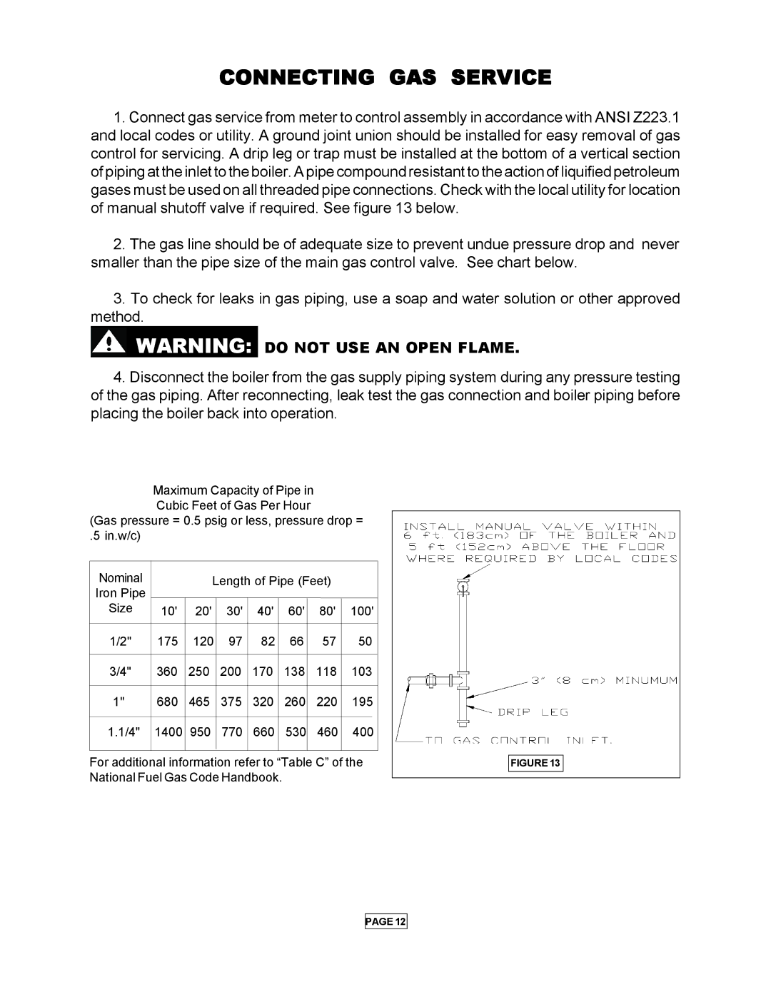 Utica Gas-fired Boiler manual Connecting GAS Service, Do not USE AN Open Flame 