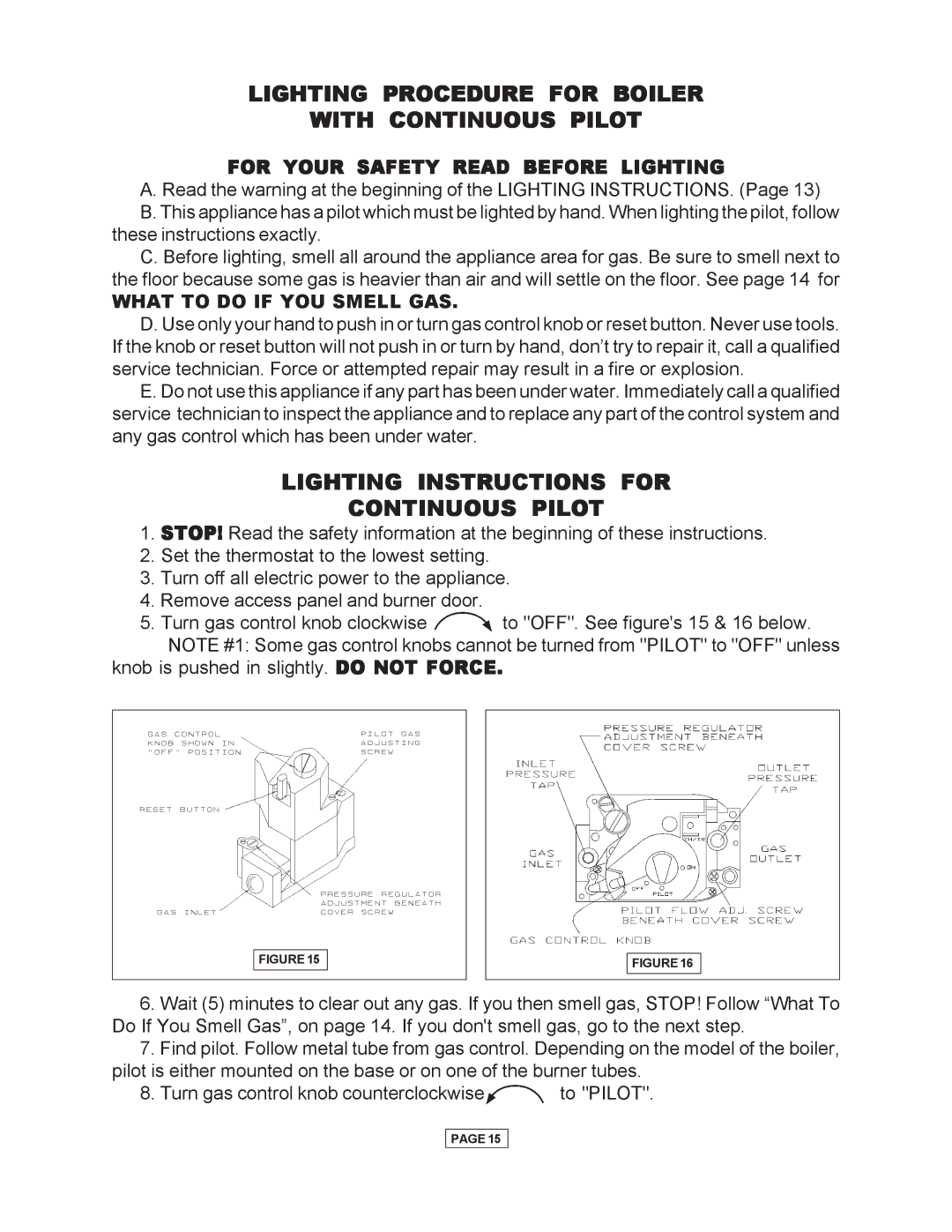 Utica Gas-fired Boiler manual Lighting Procedure for Boiler With Continuous Pilot, For Your Safety Read Before Lighting 