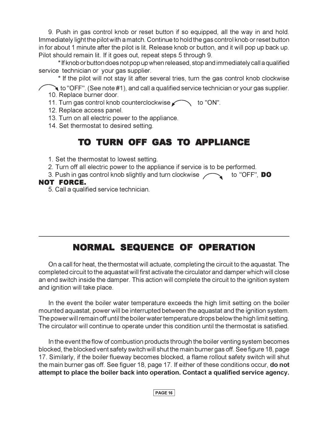 Utica Gas-fired Boiler manual To Turn OFF GAS to Appliance, Normal Sequence of Operation, Not Force 