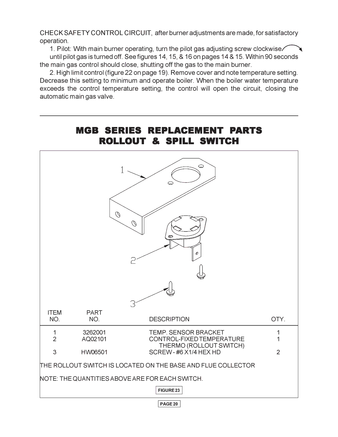 Utica Gas-fired Boiler manual MGB Series Replacement Parts Rollout & Spill Switch 