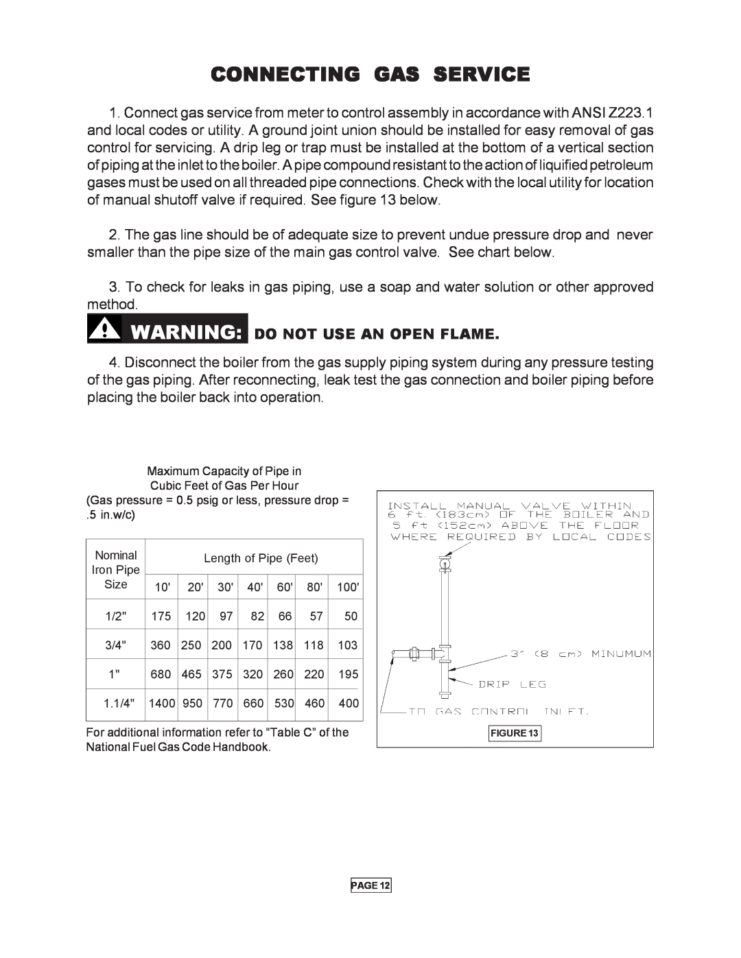 Utica Gas-fired Boiler manual Connecting Gas Service, Do Not Use An Open Flame 