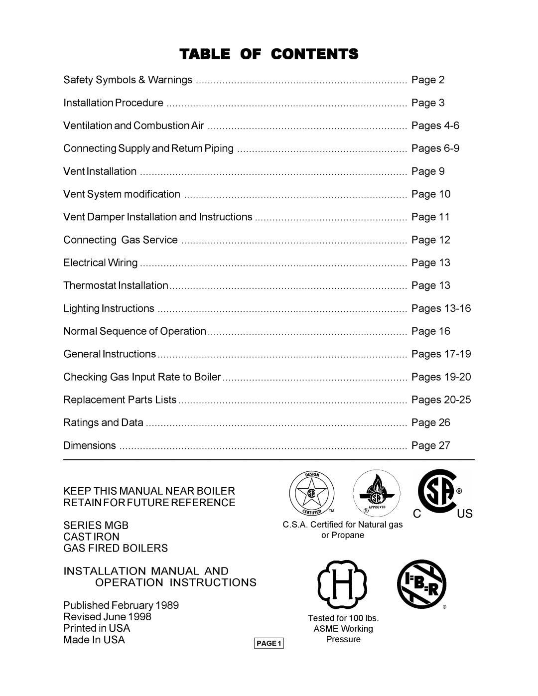 Utica Gas-fired Boiler manual Table Of Contents 