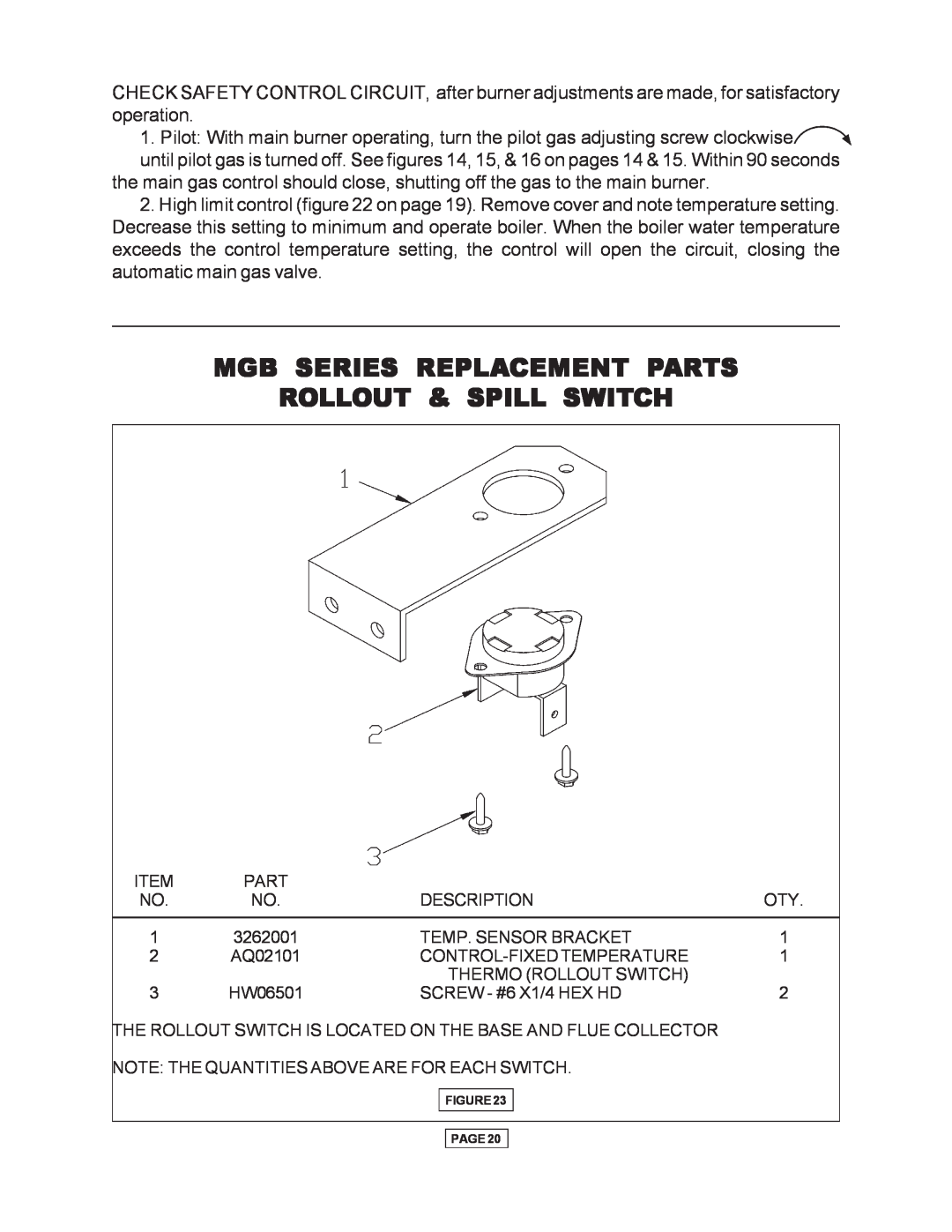 Utica Gas-fired Boiler manual Mgb Series Replacement Parts, Rollout & Spill Switch 