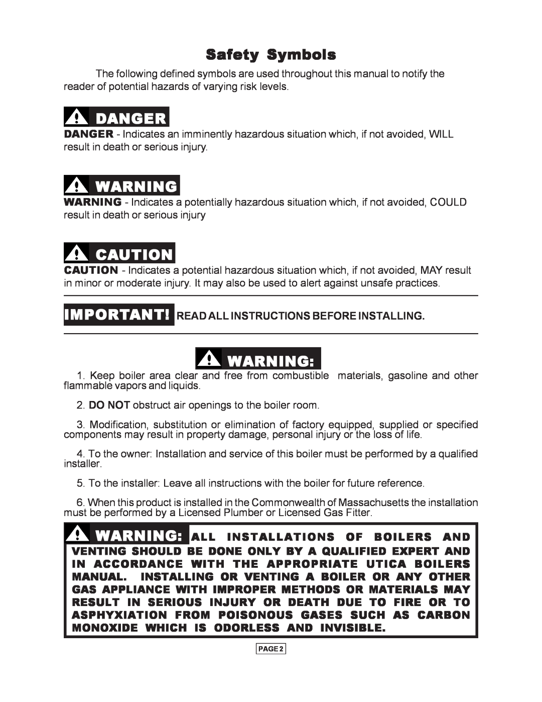 Utica Gas-fired Boiler manual Safety Symbols, Danger 