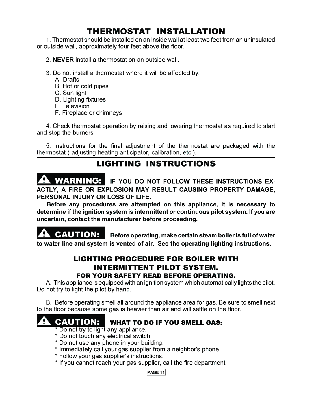 Utica PEG-C installation manual Thermostat Installation, Lighting Instructions, For Your Safety Read Before Operating 