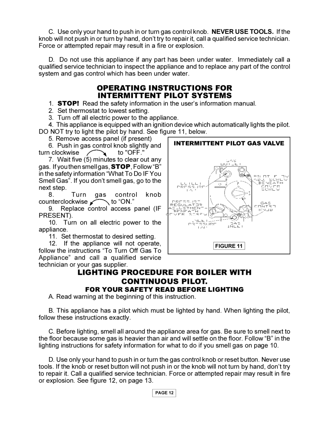 Utica PEG-C installation manual Operating Instructions for Intermittent Pilot Systems 