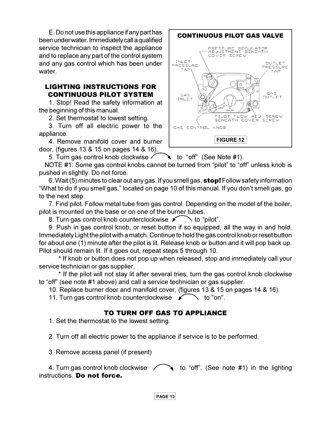 Utica PEG-C installation manual Lighting Instructions for Continuous Pilot System, To Turn OFF GAS to Appliance 