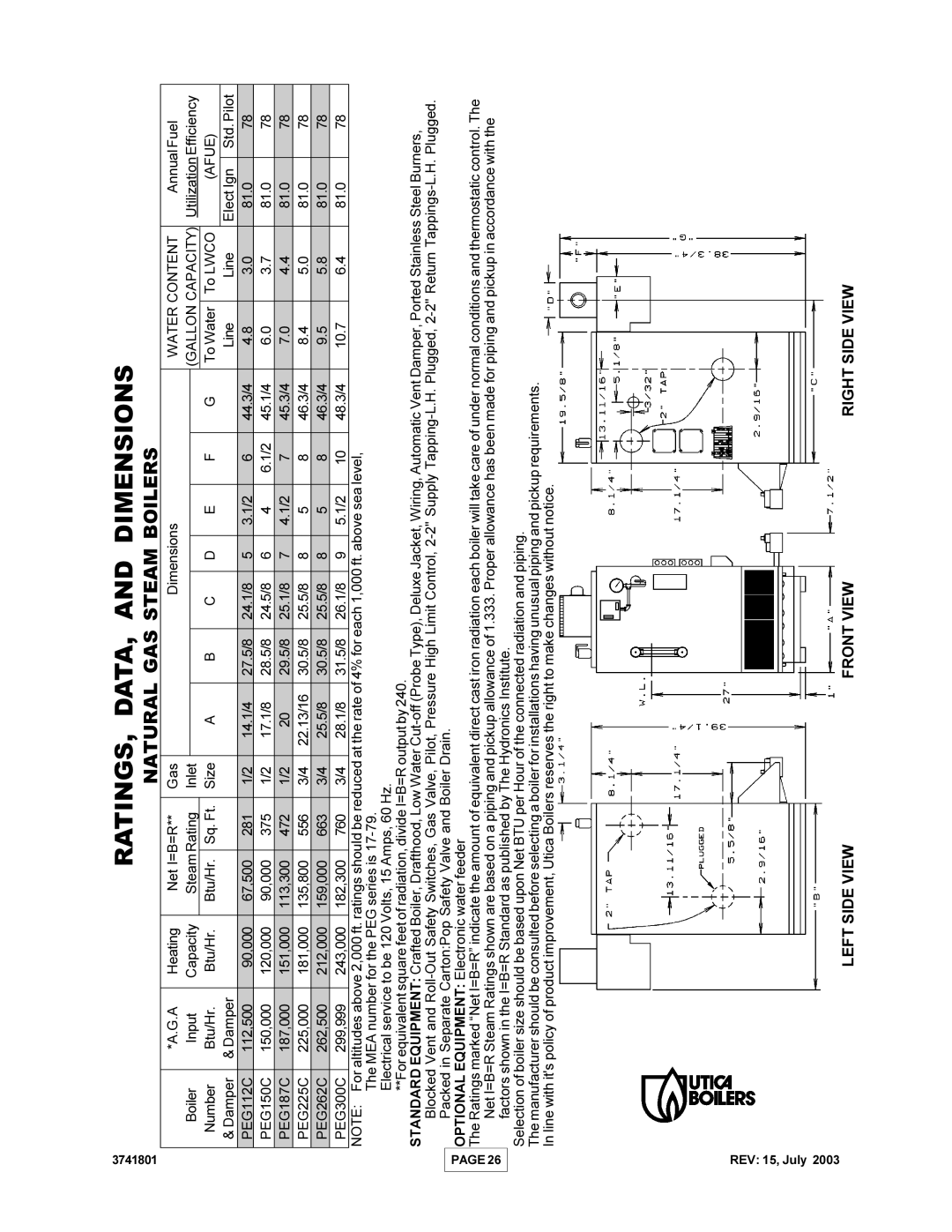 Utica PEG-C installation manual RATINGS, DATA, and Dimensions, Natural GAS Steam Boilers 