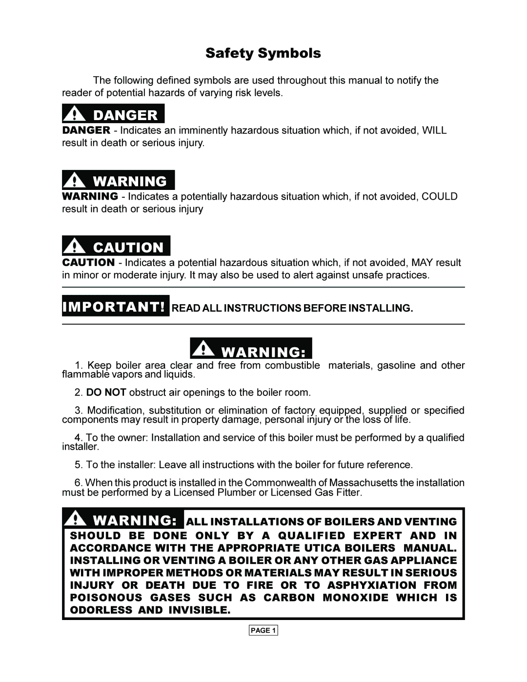 Utica PEG-C installation manual Safety Symbols, Read ALL Instructions Before Installing 