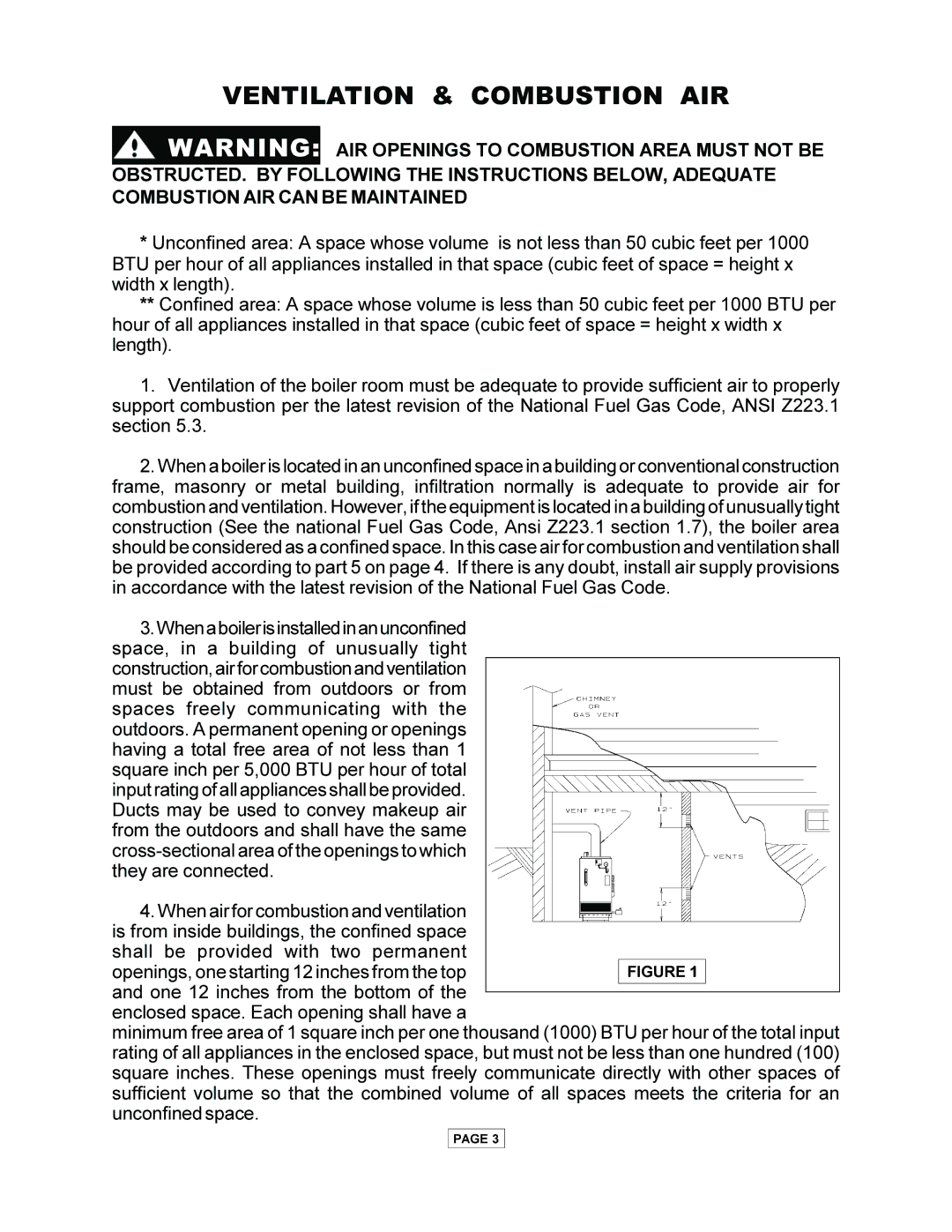 Utica PEG-C installation manual Ventilation & Combustion AIR 