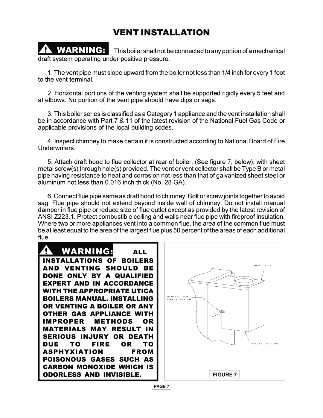 Utica PEG-C installation manual Vent Installation 