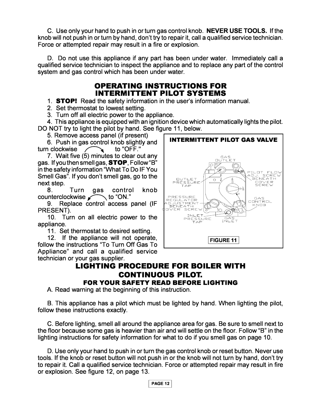 Utica PEG-C Operating Instructions For, Intermittent Pilot Systems, Continuous Pilot, Lighting Procedure For Boiler With 
