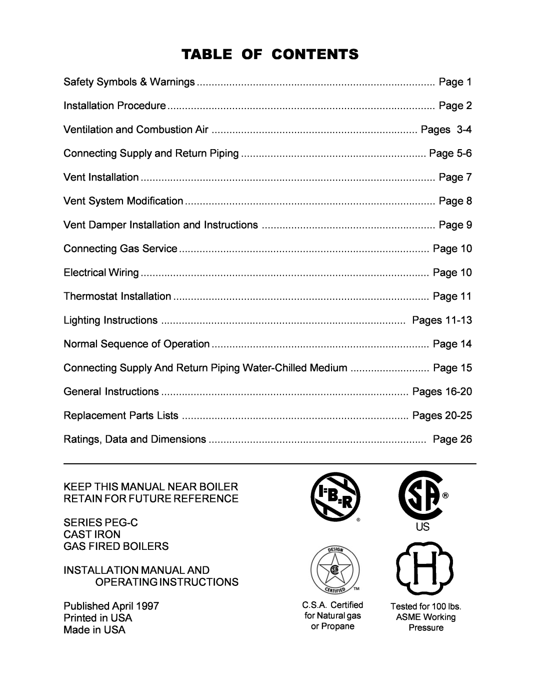 Utica PEG-C installation manual Table Of Contents 