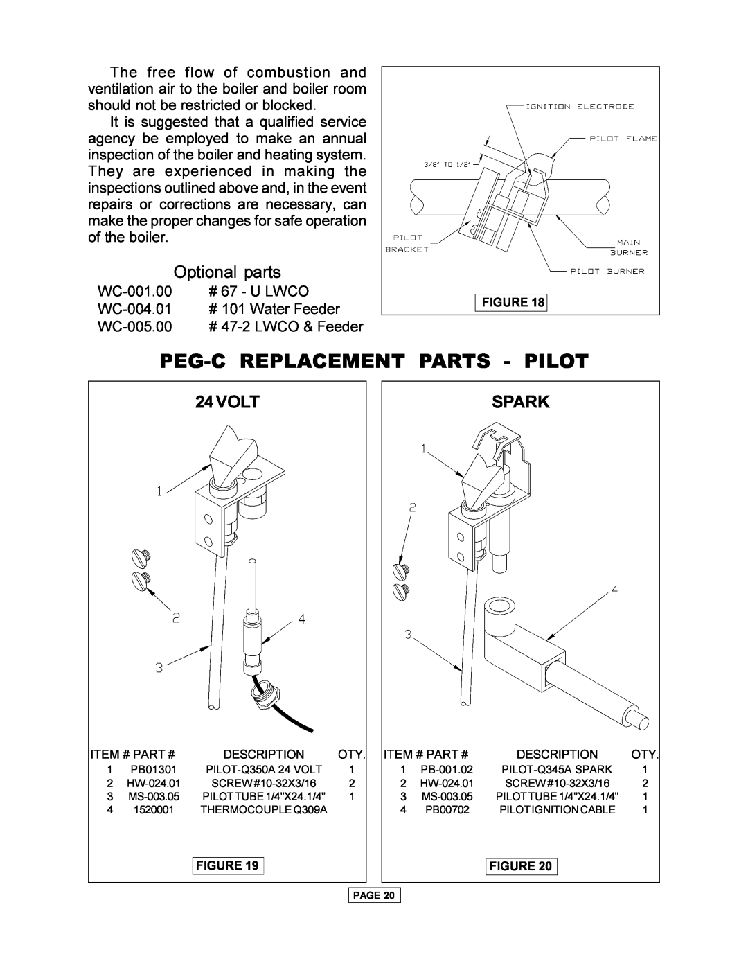 Utica PEG-C installation manual Peg-Creplacement Parts - Pilot, 24VOLT, Spark, Optional parts 